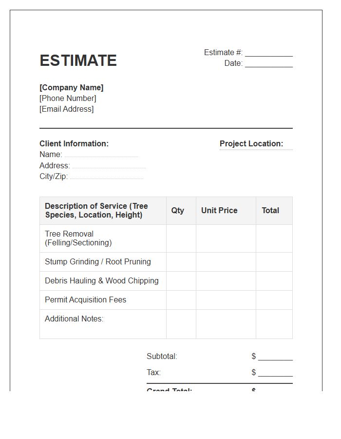 Tree Removal Project Estimate Invoice Template