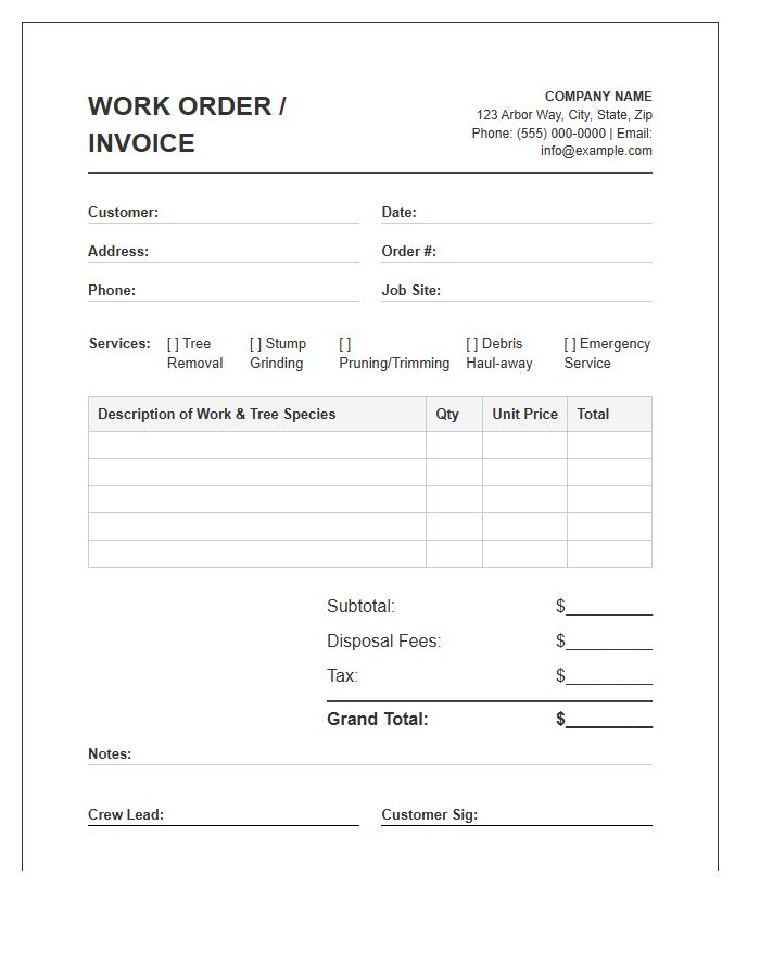 Tree Removal Work Order Invoice Template