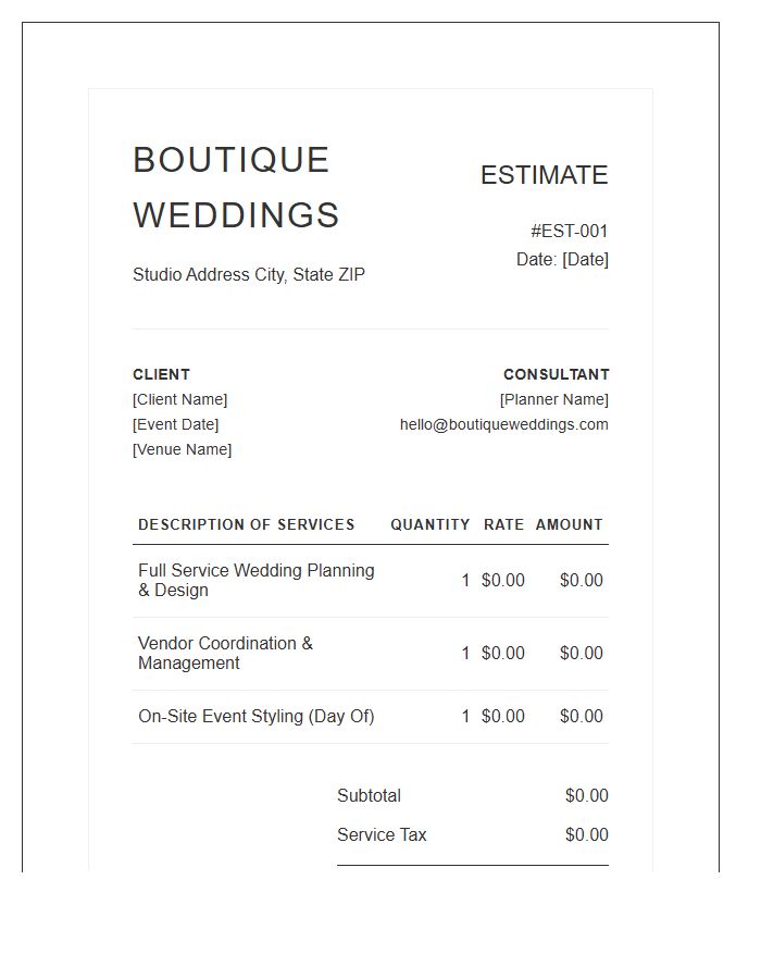 Boutique Wedding Planning Estimate Invoice Template
