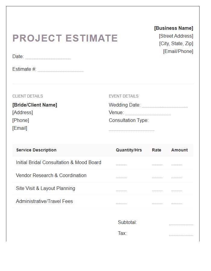 Bridal Consultation Project Estimate Invoice Template