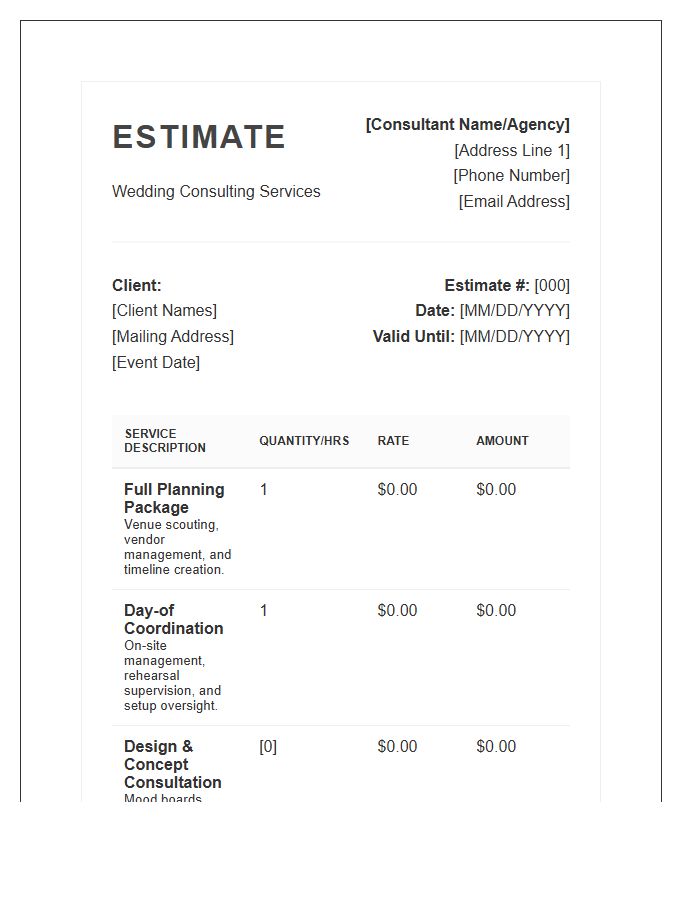 Comprehensive Wedding Consultant Estimate Invoice Template