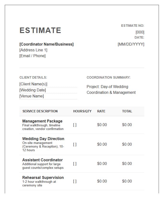 Day Of Wedding Coordination Estimate Invoice Template