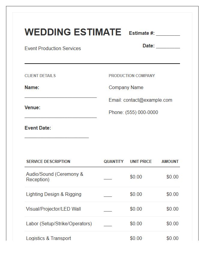 Event Production Wedding Estimate Invoice Template