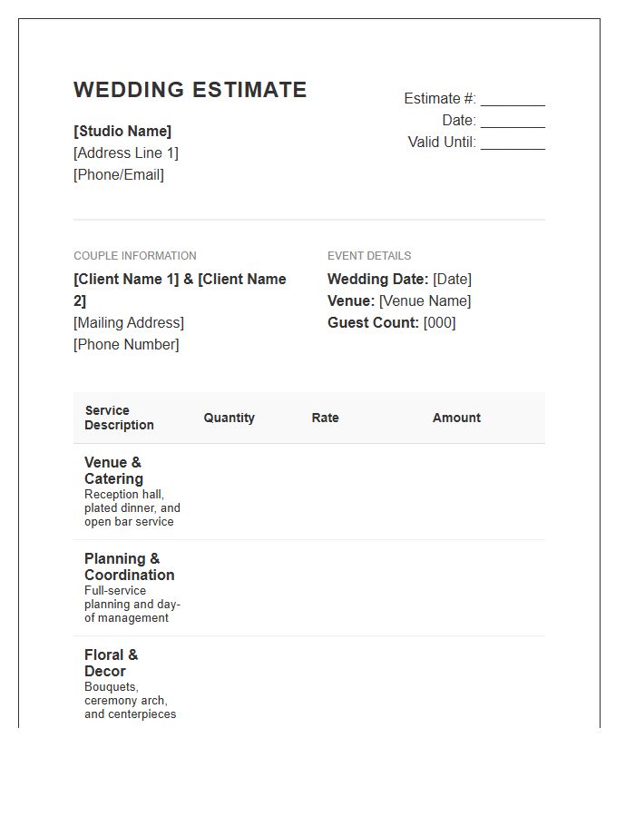 Full Service Wedding Estimate Invoice Template