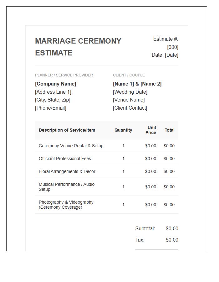 Marriage Ceremony Planning Estimate Invoice Template
