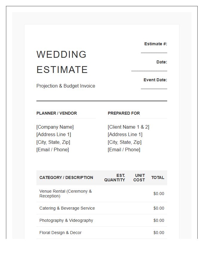 Wedding Budget Projection Estimate Invoice Template