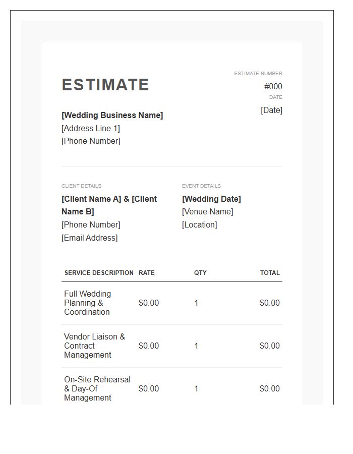 Wedding Management Services Estimate Invoice Template