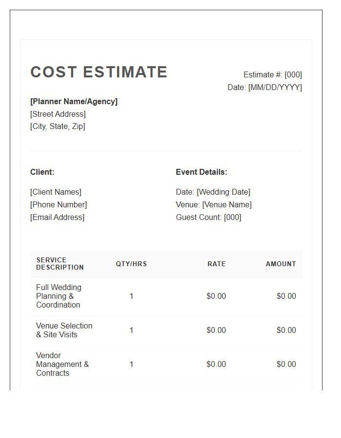 Wedding Planner Cost Estimate Invoice Template