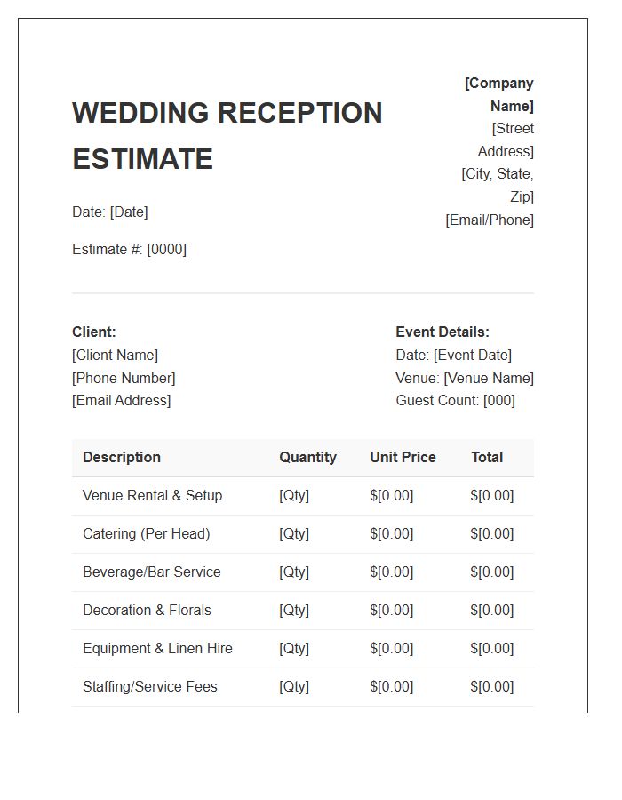 Wedding Reception Planning Estimate Invoice Template