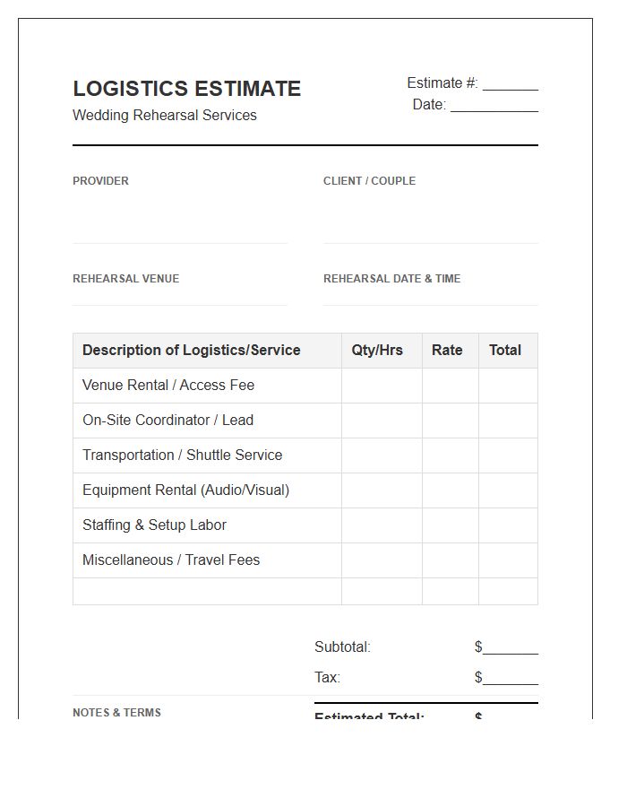 Wedding Rehearsal Logistics Estimate Invoice Template