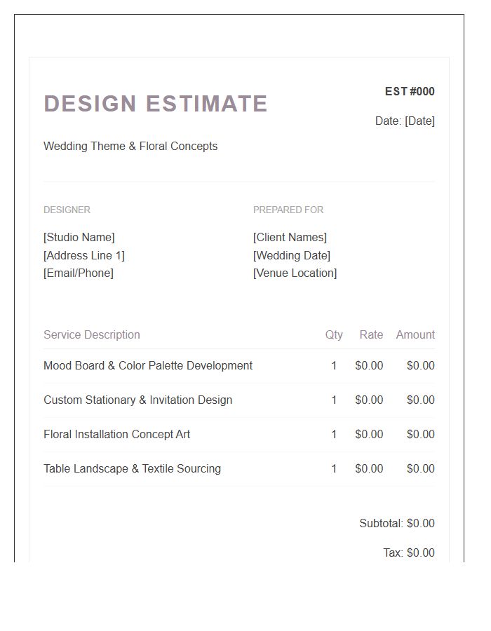 Wedding Theme Design Estimate Invoice Template