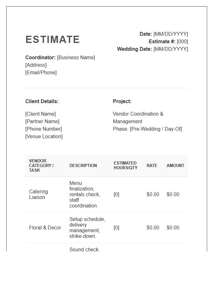 Wedding Vendor Coordination Estimate Invoice Template