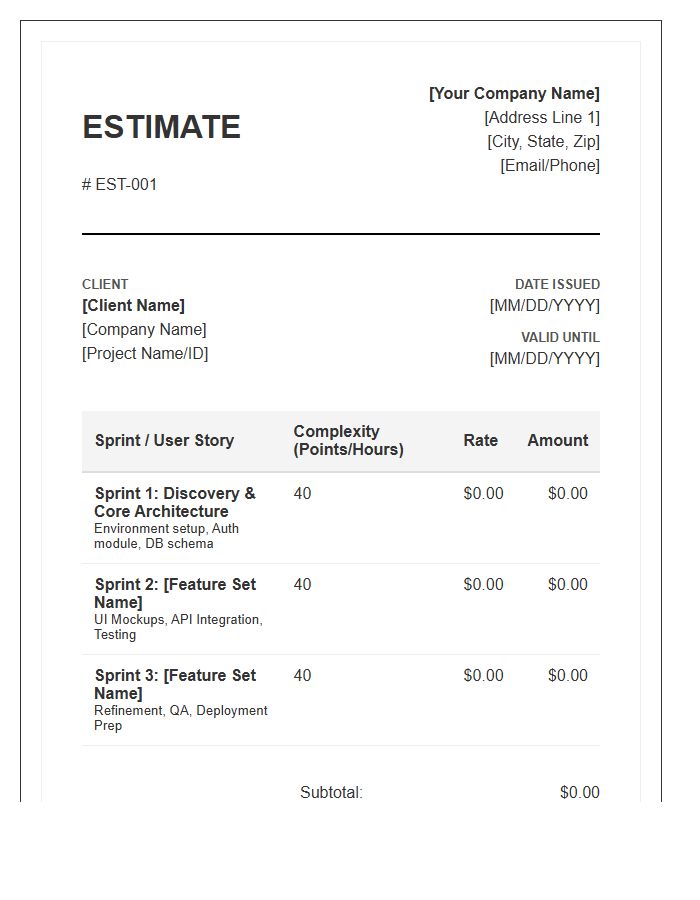 Agile Software Development Estimate Invoice Template
