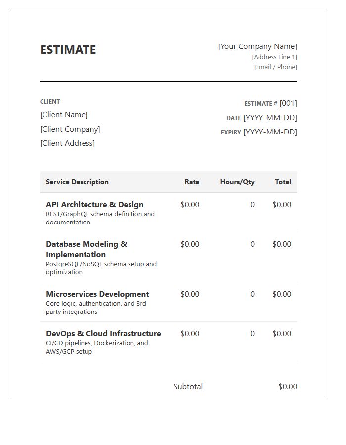 Backend Engineering Services Estimate Invoice Template