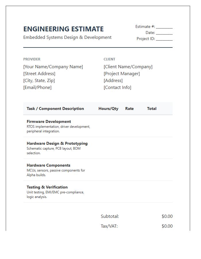 Embedded Systems Engineering Estimate Invoice Template