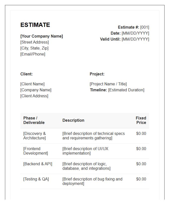 Fixed Price Software Development Estimate Invoice Template