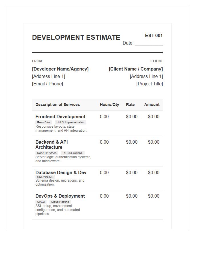 Full Stack Development Estimate Invoice Template