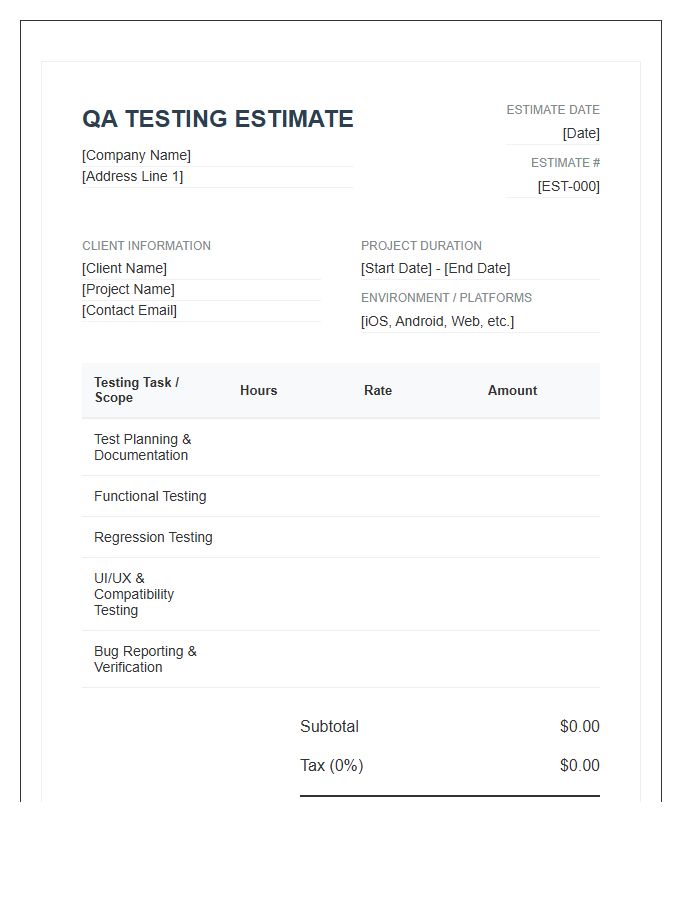 Quality Assurance Testing Estimate Invoice Template