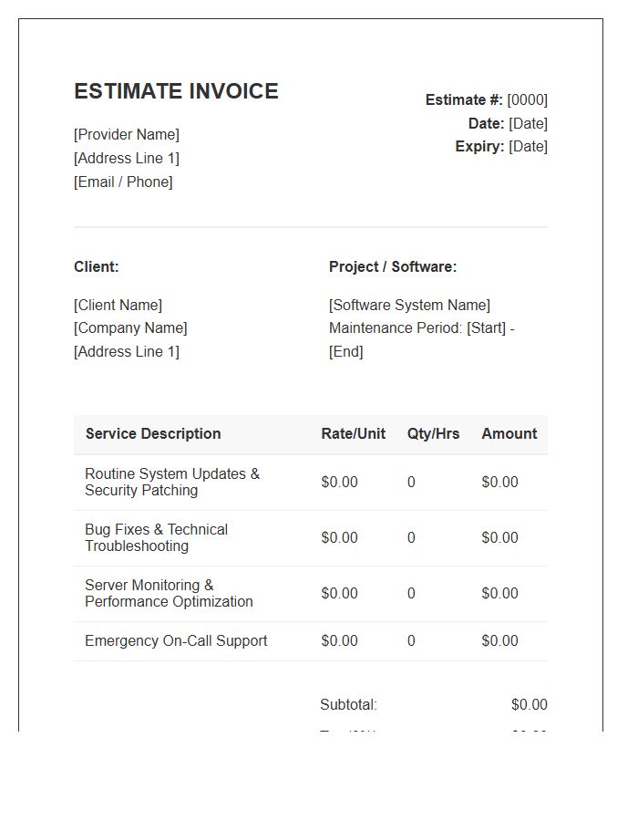 Software Maintenance And Support Estimate Invoice Template