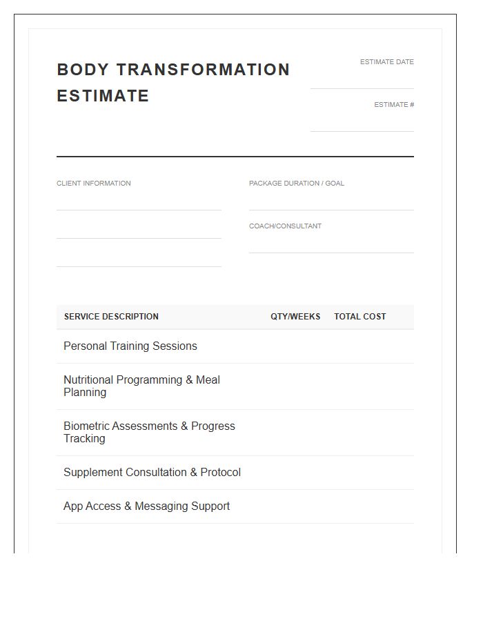 Body Transformation Package Estimate Invoice Template
