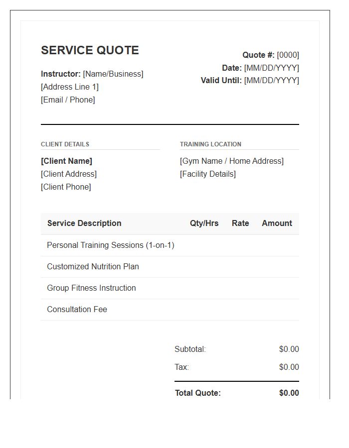 Gym Instructor Service Quote Invoice Template