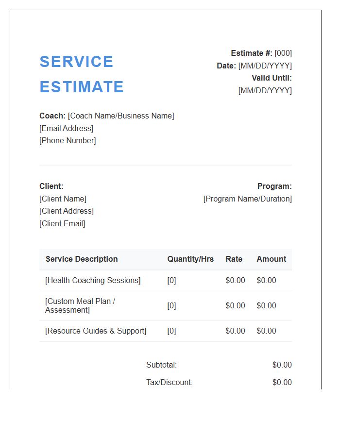 Health Coach Service Estimate Invoice Template