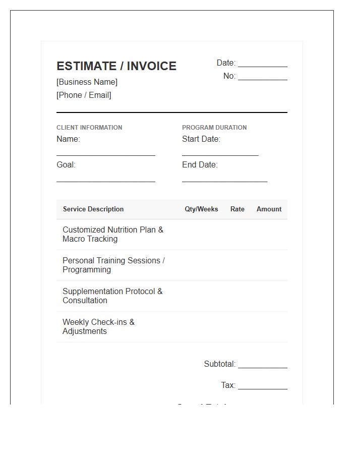 Nutrition Plan And Training Estimate Invoice Template