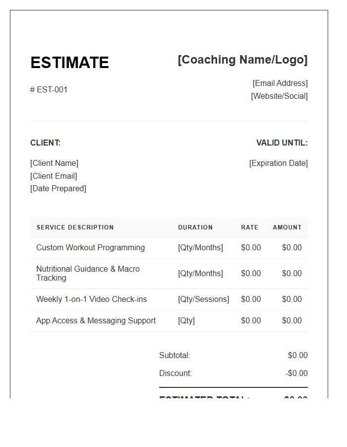 Online Fitness Coaching Estimate Invoice Template