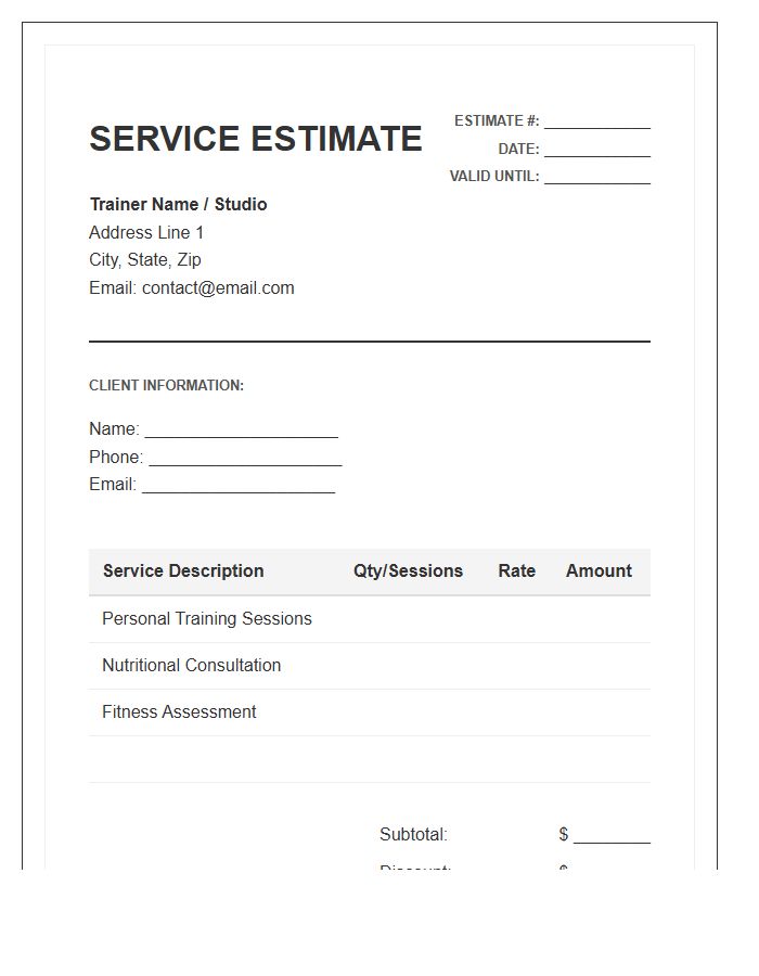 Personal Trainer Service Estimate Invoice Template