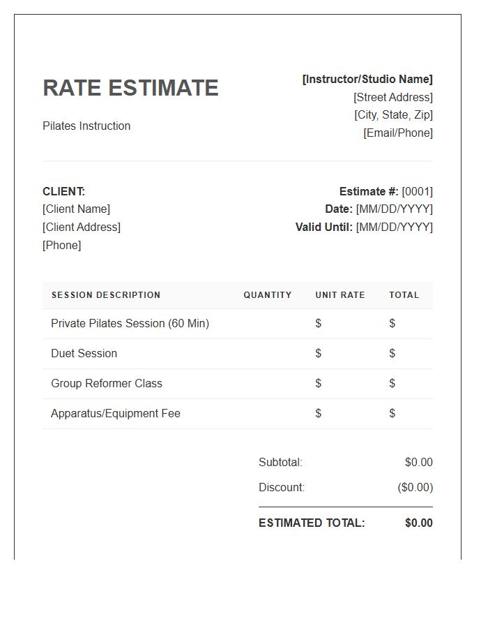 Pilates Session Rate Estimate Invoice Template