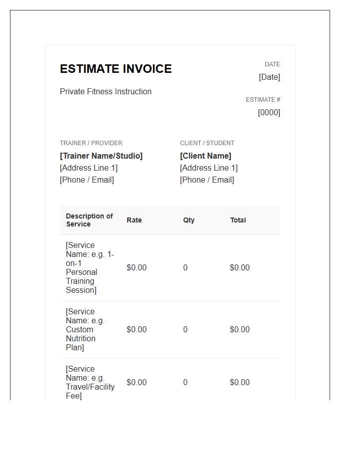Private Fitness Lesson Estimate Invoice Template