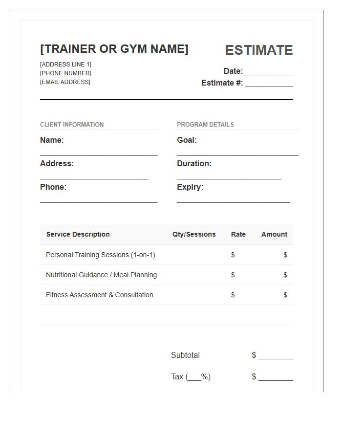 Professional Personal Training Estimate Invoice Template
