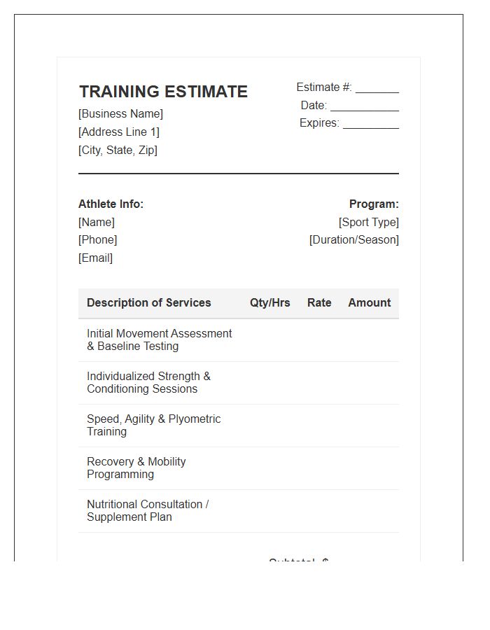 Sports Performance Training Estimate Invoice Template