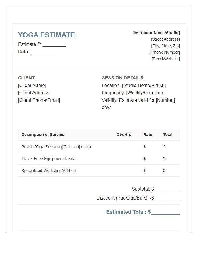Yoga Instructor Private Estimate Invoice Template