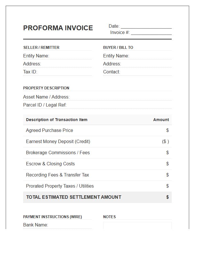 Commercial Real Estate Transaction Proforma Invoice Template