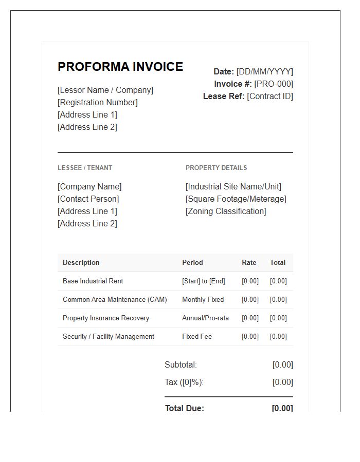 Industrial Property Lease Proforma Invoice Template