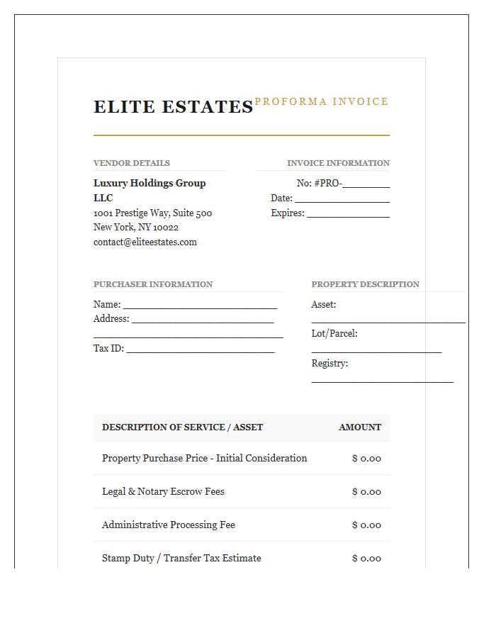 Luxury Real Estate Purchase Proforma Invoice Template