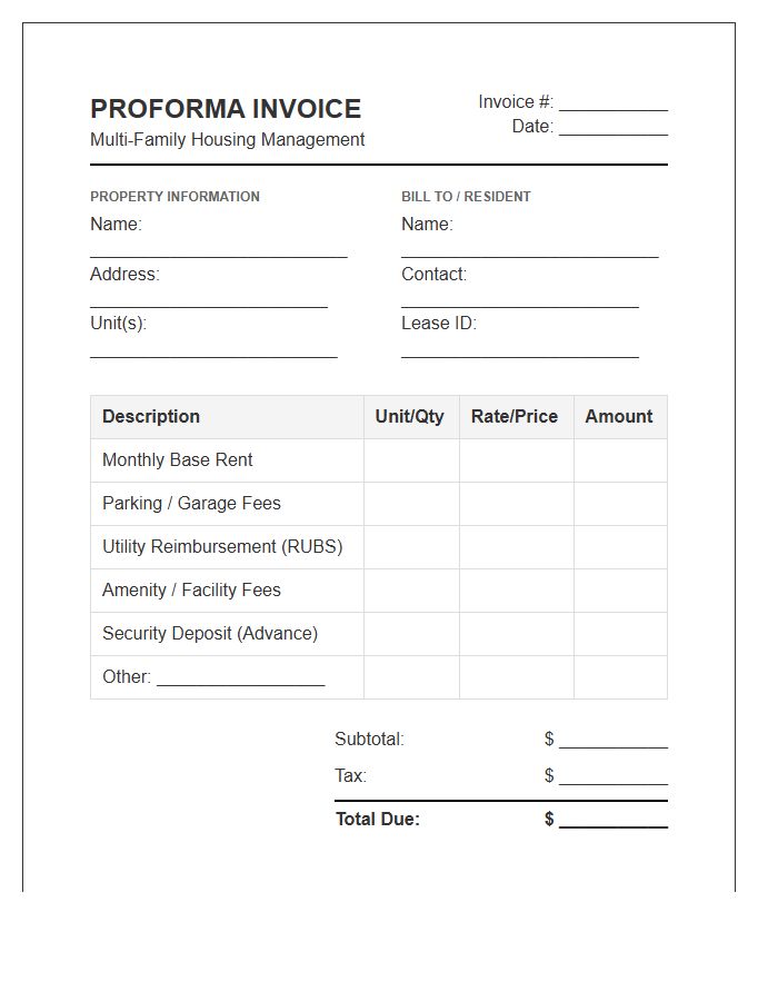 Multi Family Housing Proforma Invoice Template