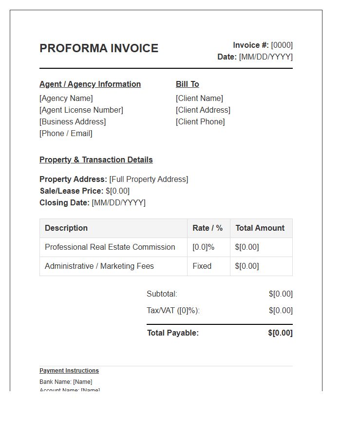 Real Estate Agent Commission Proforma Invoice Template
