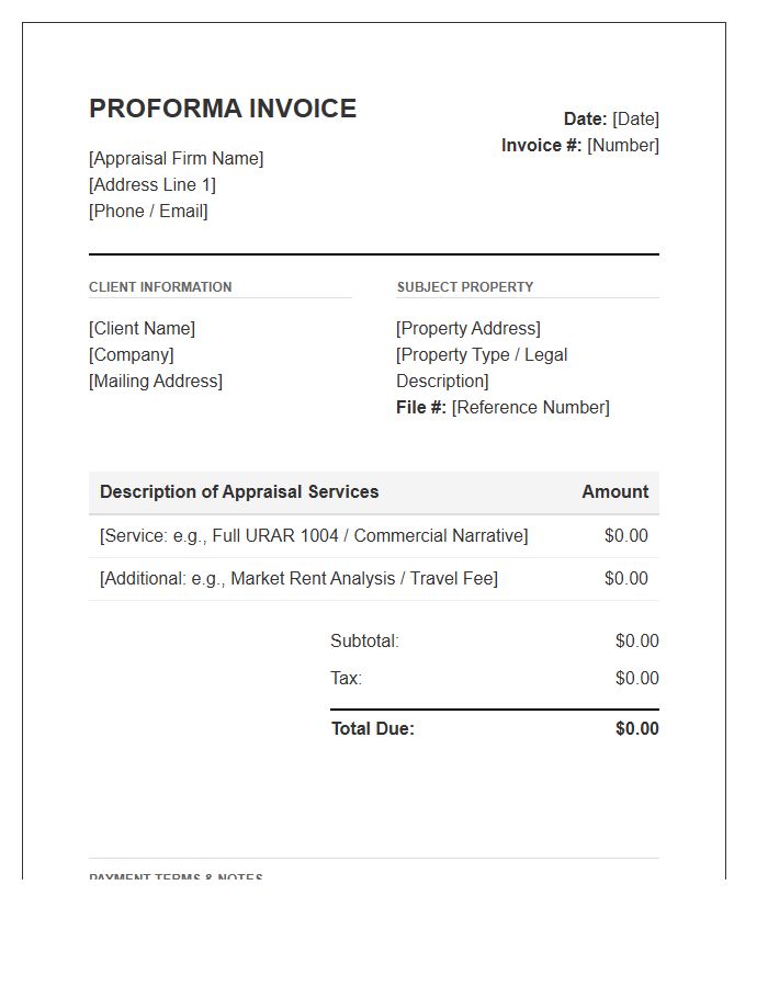 Real Estate Appraisal Service Proforma Invoice Template