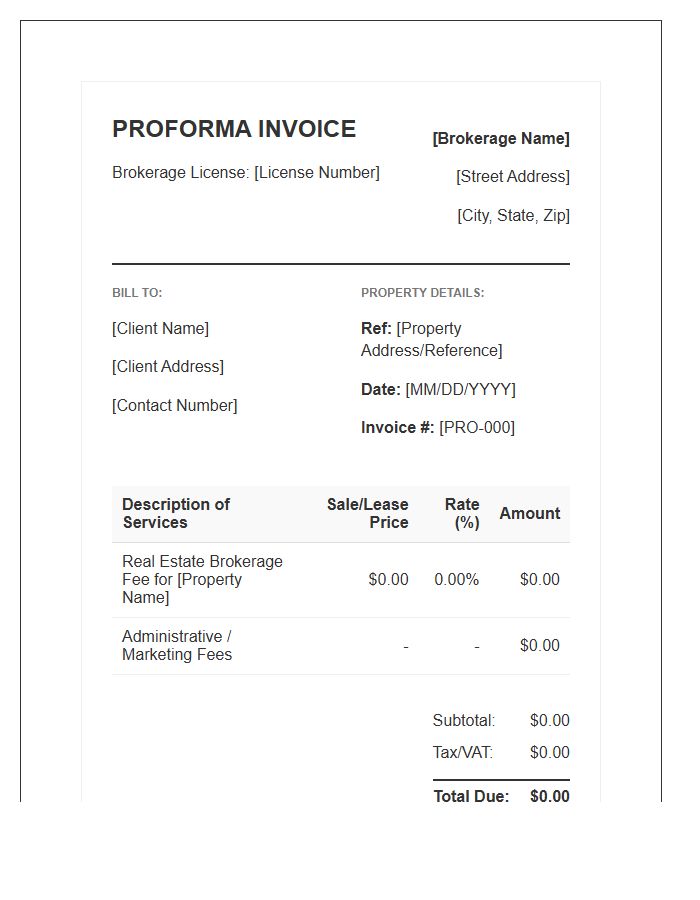 Real Estate Brokerage Fee Proforma Invoice Template