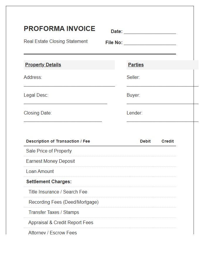 Real Estate Closing Costs Proforma Invoice Template