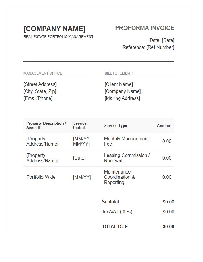 Real Estate Portfolio Management Proforma Invoice Template