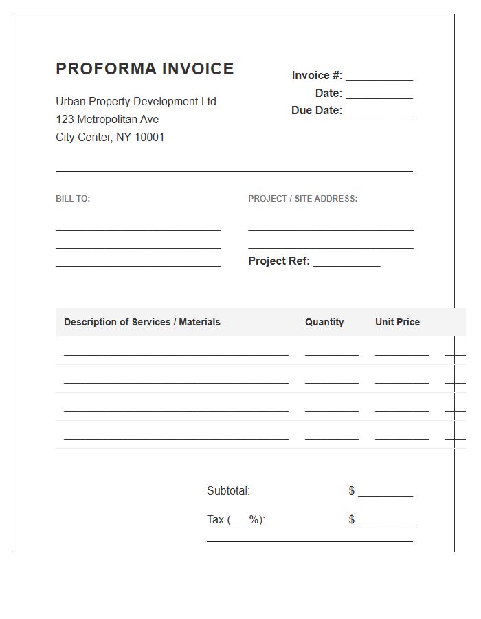 Urban Property Development Proforma Invoice Template