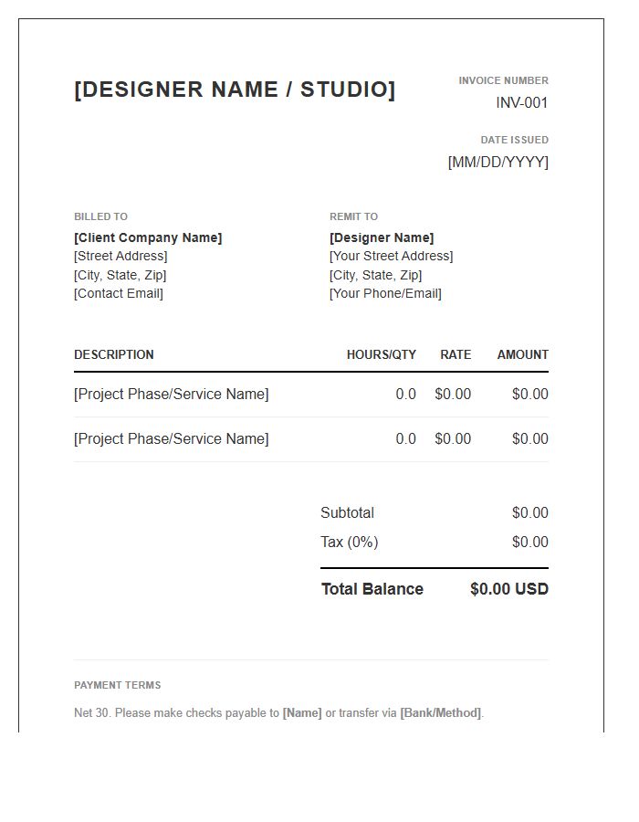 Corporate Freelance Designer Billing Invoice Template