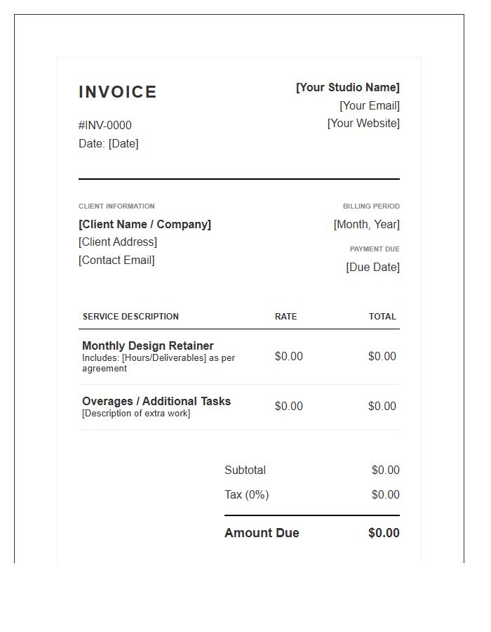 Graphic Design Monthly Retainer Invoice Template