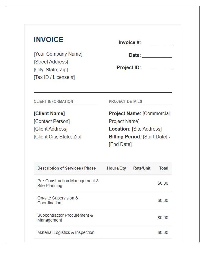 Commercial Construction Project Management Invoice Template