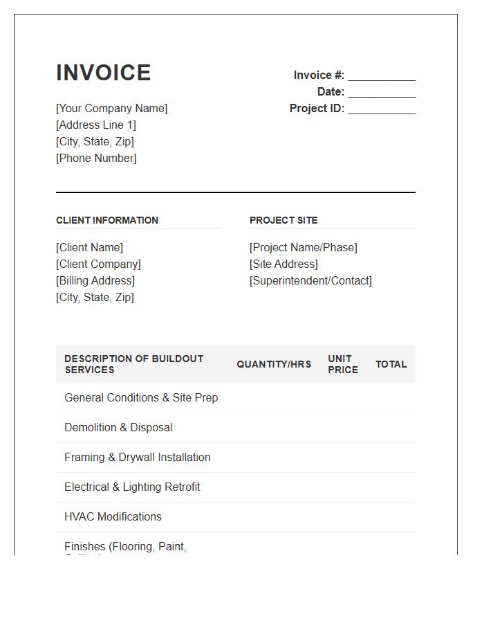 Commercial Interior Buildout Services Invoice Template