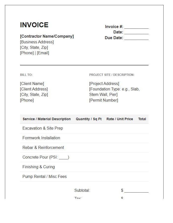 Concrete Foundation Contractor Services Invoice Template
