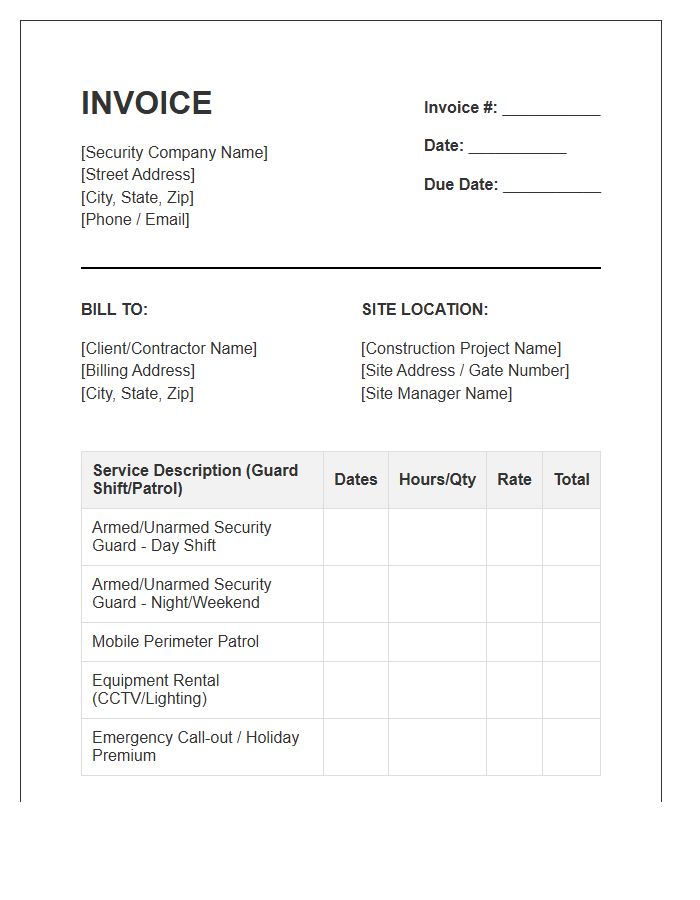 Construction Site Security Services Invoice Template